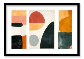 Set of three minimalist abstract wall art prints, featuring simple shapes and forms with a colorful palette in a boho style, perfect for modern home decor and interior design.  