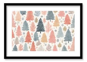 Christmas wrapping paper with snowflakes, reindeer, xmas trees, snowflakes, gift boxes and decorations. Textile, wallpaper, fabric prints, wrapping, web page. Holiday-themed design.