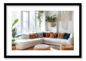 Layered Rugs and Macramé Art in Boho Living Room