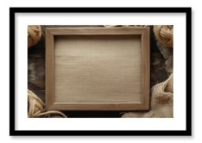 Rustic wooden photo frame mockup with twine and linen flowers in a beige boho style on a textured wooden background