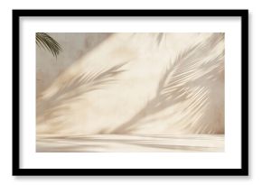 Minimal product display with palm leaf shadows on warm beige plaster wall, luxury summer architecture interior aesthetic, boho home décor, product platform stage mockup