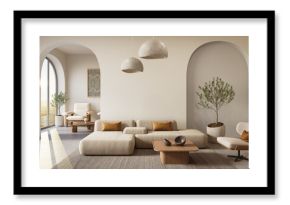 Cozy home interior in light pastel colors with hardwood flooring and arched walls, 3d rendering 