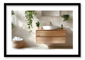 Bathroom interior concept. Elegant bathroom with wooden vanity, plants, and soft towels for a serene atmosphere.