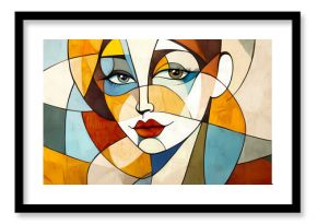 Cubist portrait woman abstract face hand drawn background geometric shapes boho wallpaper art print poster. Cubist Abstraction. Illustration