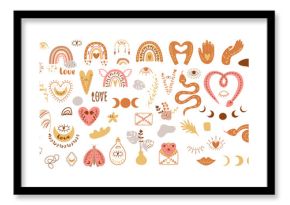 Boho element collection. Boho set. Boho clipart. Hand drawn boho plants, shapes, leaves rainbow, hand, moon.