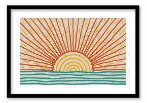 Mid century modern art with sun and sea. Abstract landscape with sunrise or sunset. Hand drawn illustration in Procreate.