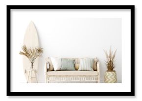 Wall mock up in white simple interior with wooden furniture, Scandi-Boho style, 3d render
