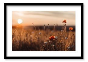 Beautiful nature background with red poppy flower poppy in the sunset in the field. Remembrance day, Veterans day, lest we forget concept.