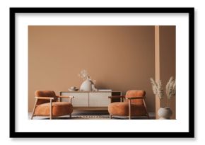 Cozy home interior with wooden furniture on brown background, empty wall mockup in boho decoration, 3d render