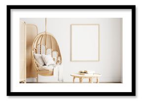wooden frame mockup in cozy living room, boho style