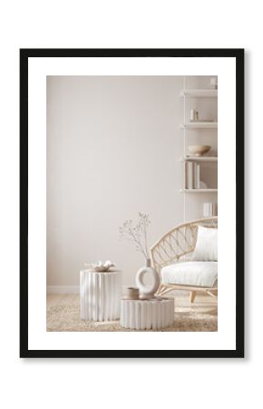 Wall mockup in Coastal boho interior background, 3d render