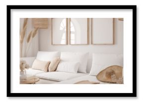 Mockup frame in interior background, room in light pastel colors, Scandi-Boho style, 3d render