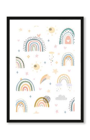 Nice baby neutral bohemian rainbows seamless pattern. Trend rainbows surface. Boho rainbows for baby shower invitations, cards, nursery room, posters, fabric.