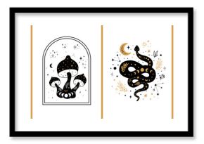 Celestial cards set. Mystical boho floral moon, mushroom, moth, moon serpent. Mystic celestial elements collection. Esoteric logo. Black gold color Witchcraft banner Floral snake illustration.