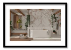 Bohemian wooden bathroom and bedroom in boho style in white and beige tones. Bathtub, bed and towel rack, potted plants. Tropical wallpaper. Country vintage interior design