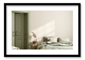 Cozy bedroom interior with bed and pillows, 3d render