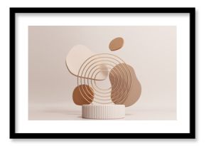 3d render of podium, showcase, display in boho style. Advertising stand with abstract shapes and palm leaves. Pastel minimal background for the presentation of cosmetics, products.