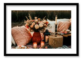 Valentines day boho picnic with soft peach and warm florals, candles, AI assisted finalized in Photoshop by me  