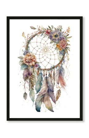watercolor decoration bohemian dream catcher, boho feathers decoration, native dream chic design, Generative AI
