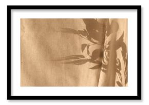 Floral sunlight shadow on beige curtain. Foliage silhouette in sunset light. Aesthetic natural background with copy space