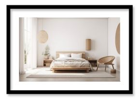 House interior backdrop, warm white bedroom with brilliant furnishings natural wooden tables, contemporary style,. Generative AI