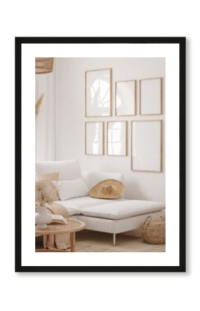 Frame mockup in living room interior background, Coastal boho style, 3D render
