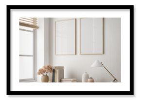 Blank picture frame mockup interior with table and decoration object.3d rendering