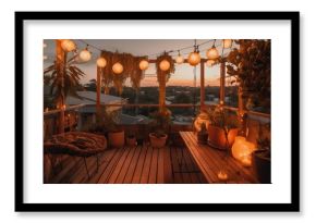 Sunset in a terrace illuminated by fairylights with a casual boho decor, generative ai