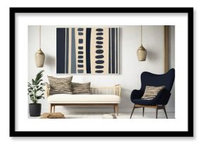 Modern boho interior with black, navy and beige wall art in folk style. Cozy furniture. White sofa and mid century chair. Generative AI.