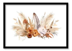 Watercolor boho floral border, Pampas grass, Vintage brown floral composition, created with Generative AI