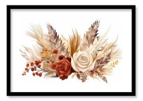 Watercolor boho floral border, Pampas grass, Vintage brown floral composition, created with Generative AI