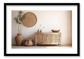 Empty white wall mockup in boho entryway interior with wicker home decor and stand. Natural daylight from a window. Promotion background.