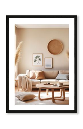 Beige fabric sofa against window. Boho home interior design of modern living room.