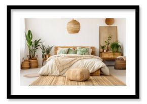 Cozy Asian bedroom with ethnic decor, lamp on nightstand, comfy bed, carpet, cactus in basket, and natural green plant composition.