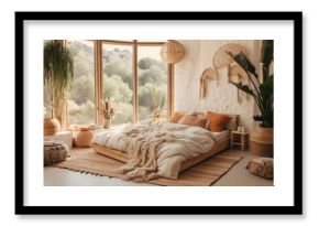 Boho chic style apartment with cozy bedroom and crafted home decor.