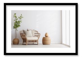 Empty white wall mockup in boho room interior with wicker armchair. Beige pot with plants and coffee table. Natural daylight from a window. Promotion background. Generative AI.