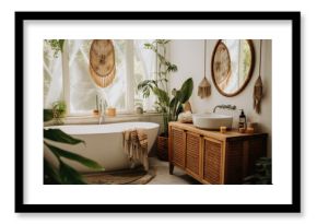 Enchanting Boho Oasis: A Serene Bathroom with Macrame Plant Hangers and a Stunning Rattan Mirror