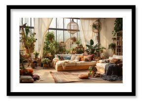 Wnętrze w stylu boho z wieloma roślinami