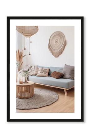Jasny salon boho - dekoracje na ścianie. Błękitne i beżowe kolory wnętrza. Render 3d. Wizualizacja