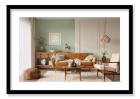 Orange sofa in cozy living room interior with pastel green wall and wood furniture. Wall mockup, 3d rendering  