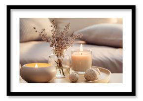 Candles and minimalist decor. Home interior in boho style, living room in pastel beige colors. Place to relax and read.