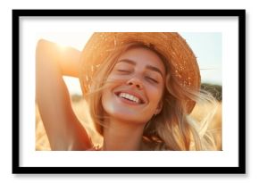 Vintage styled European woman with blonde tan embracing a joyful and natural life.