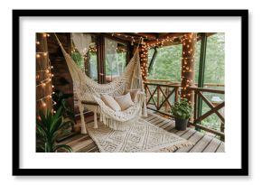 Cozy boho style porch with hammock and lights
