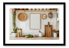 Blank modern wooden frame in a romantic boho kitchen
