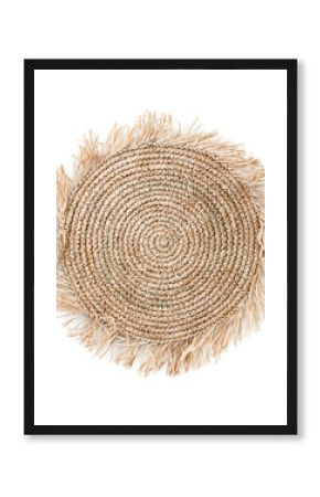 round handmade crafted crochet raffia placemat with fringes isolated over a transparent background, cut-out natural boho home, table or interior design element, top view / flat lay, PNG