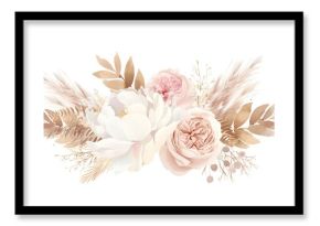 Modern beige and blush trendy vector design banner. Pastel pampas grass, fern, white peony, pale magnolia, ranunculus, pink rose. Watercolor brush texture.Wedding boho card. Isolated. Generative Ai