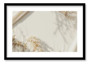 Flay lay of dried floral branches on plain background with organic objects for POD or printable products mockups with earthy natural eco vibes, natural lighting, blank empty space on right for listing