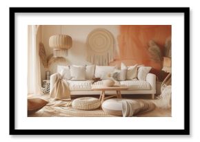 Stylowy salon wypełniony białymi meblami w stylu boho