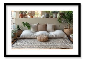 A boho living room with a cozy meditation corner, featuring a plush floor cushion, a woven basket filled with blankets and pillows, and a collection of crystals and succulents, pro