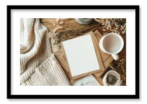 flatlay of blank white greeting card on modern boho table mockup for designs top view cozy interior